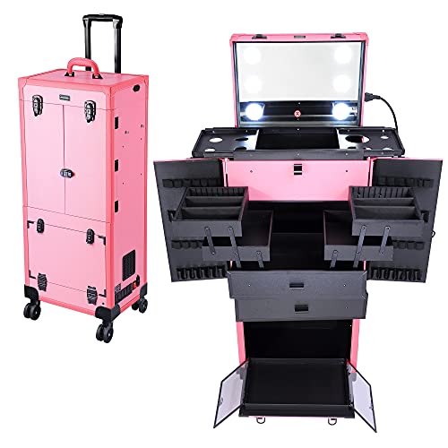 BYOOTIQUE Pink Rolling Makeup Case with Mirror Light Pro Large Cosmetic Artists Hair Stylist Barber Organized Trolley Lockable