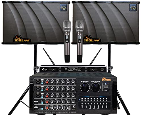 IDOLpro 1300W Mixing Amplifier, 10″ Speakers,and Dual Wireless Microphones Karaoke System FREE speaker Stand & Cables