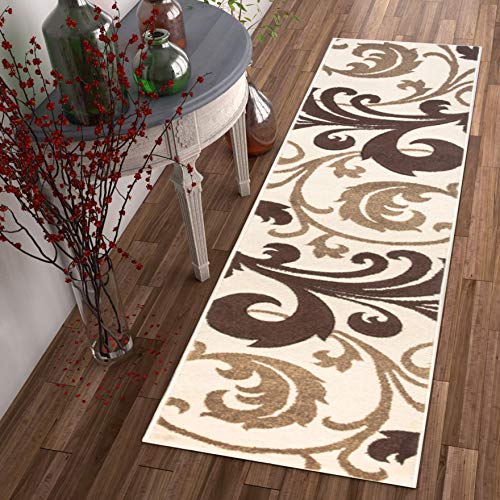 Melanie Floral Ivory & Beige Modern Geometric Comfy Casual Fleur-de-Lis Hand Carved Runner Rug 2×7 ( 2″ x 7′ ) Easy to Clean Stain Fade Resistant Contemporary Thick Soft Plush Living Dining Room Rug