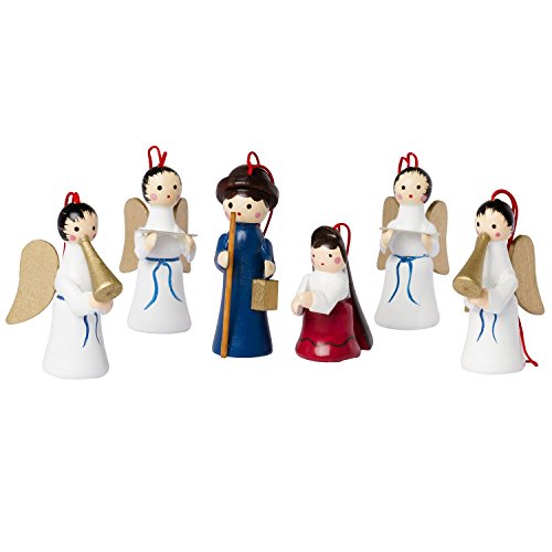 BRUBAKER 6 Handpainted Wooden Christmas Tree Ornaments Decoration – Mary, Joseph and Angels Nativity Set – Designed in Germany