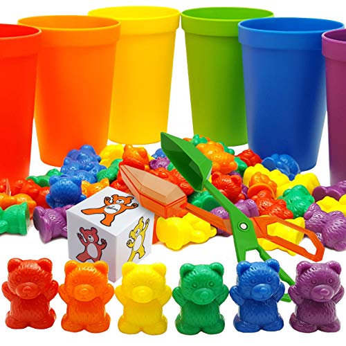 Skoolzy Rainbow Counting Bears Toddler Toys For 3 Year Old Gifts Stocking Stuffers, Sorting Cups, Montessori Sensory Toys, 1 Preschool Learning Activities Math Games Dice Toy, Montessori Tongs, 2 Bags