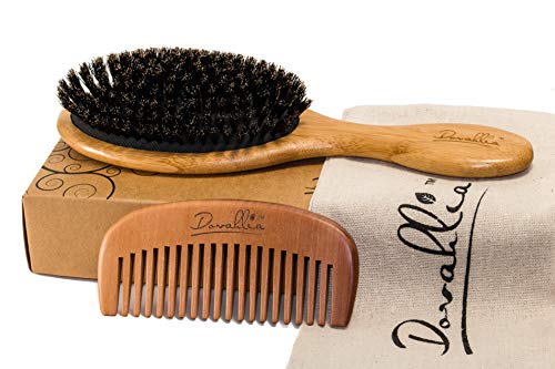Boar Bristle Hair Brush Set for Women and Men – Designed for Thin and Normal Hair – Adds Shine and Improves Hair Texture – Wood Comb and Gift Bag Included (black)