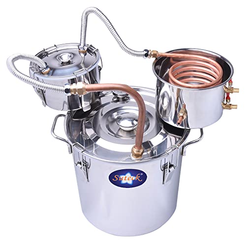 Suteck Alcohol Still 5Gal 18L Stainless Steel Alcohol Distiller Copper Tube Spirit Boiler with Thumper Keg and Build-In Thermometer for Home Brewing DIY Whisky Wine Brandy Making