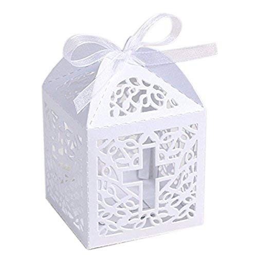 KAZIPA 50PCS Baptism Favor Boxes, 2.2”x2.2”x2.2”Laser Cut Favor Boxes with 50 Ribbons for Baby Shower Favors Baptism Decorations First Birthday Party (White)