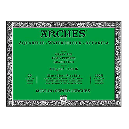 Arches Watercolor Block 9×12-inch Natural White 100% Cotton Paper – 20 Sheets of Arches Watercolor Paper 140 lb Cold Press – Arches Art Paper for Watercolor Gouache Ink Acrylic and More