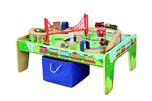 50 Piece Wooden Train Set with Activity Table & Storage Bin – 100% Hardwood Track, Engine, Oil Tanker, Caboose, Fire Engine, Station, Policeman, Farm Animals. Compatible with All Major Brands