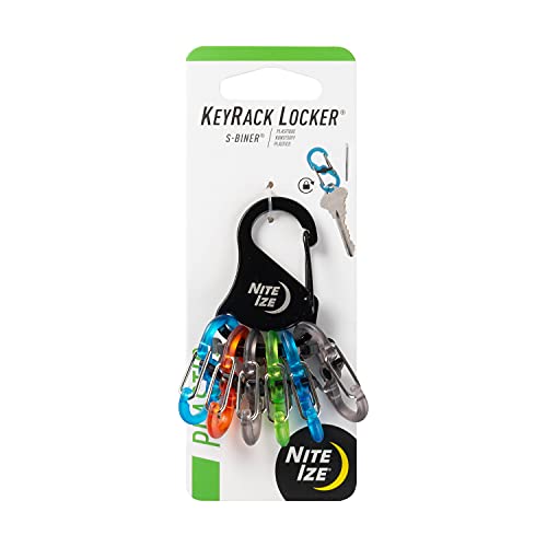 Nite Ize KeyRack Locker, Stainless Steel Carabiner Key Chain with 6 Colorful Locking S-Biners to Hold + Identify Keys, Black