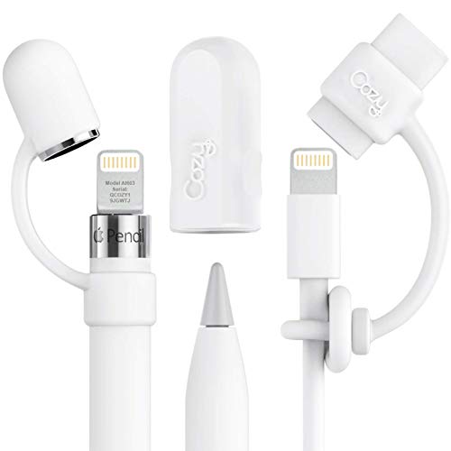 [3-Piece] PencilCozy Combo Pack Cozy The Original Apple Pencil Accessories (Cap Holder/Keeper/Tether) Compatible Apple iPad Pro iPencil Charger/Nib Accessories | Case Friendly Design (White-Combo)