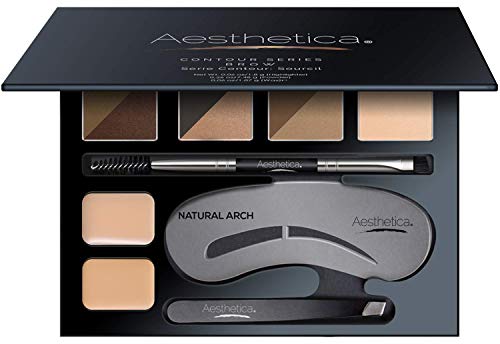 Aesthetica Brow Contour Kit 16-Piece Eyebrow Makeup Palette Set 6 Eyebrow Powders, 5 Eyebrow Stencils, Spoolie/Brush Duo, Tweezers, Eye Brow Wax, Highlighter – Unique Gifts For Women For Her Birthday