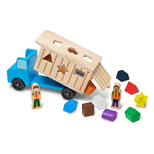 Melissa & Doug Shape-Sorting Wooden Dump Truck Toy With 9 Colorful Shapes and 2 Play Figures – Vehicle /Shape Sorter Toys For Toddlers Ages 2+