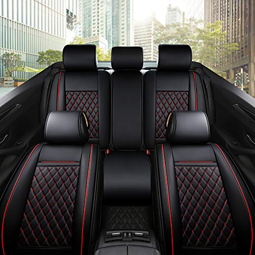 INCH EMPIRE Easy to Clean Car Seat Cushions Synthetic Leather – Universal Fit Car Seat Cover for Corolla Cruze Legacy Malibu Maxima Tacoma (Black with Red Line Full Set)
