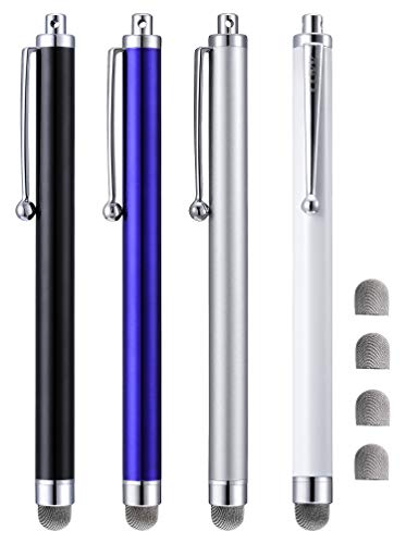 CCIVV Stylus, 4 Pcs 5.0 Inches Hybrid Mesh Fiber Tip Stylus Pens for Touch Screen, Compatible with iPad, iPhone, Kindle Fire + 4 Extra Replaceable Hybrid Fiber Tips (White, Black, Silver, Blue)
