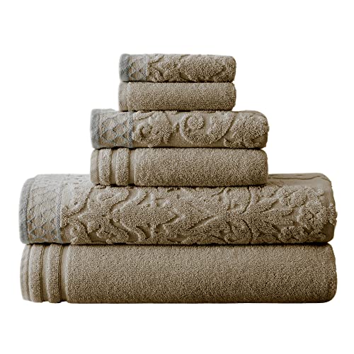 Modern Threads 6-Piece Damask Jacquard/Solid Ultra Soft 550GSM 100% Combed Cotton Towel Set with Embellished Borders [Taupe]