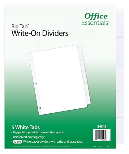 Office Essentials Big Tab Write-On Dividers, 8-1/2 x 11, 5 Tab, White Tab, 12 Pack (24846)