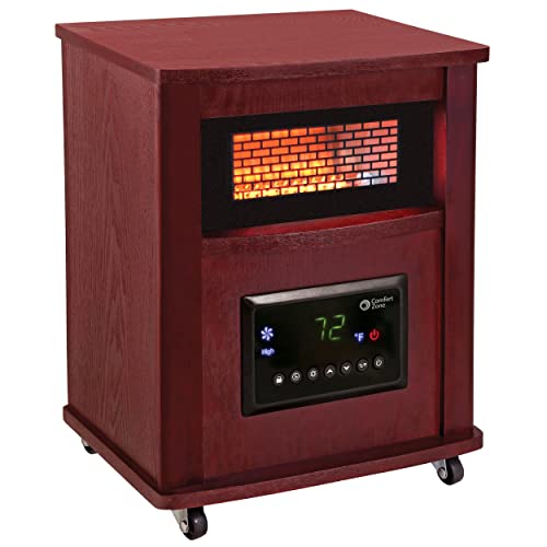 Comfort Zone CZ2032C 750/1,500-Watt 16” Infrared Quartz Wood Cabinet Heater with Remote Control and Adjustable Thermostat with Digital Display, Overheat Protection, Cherry Finish