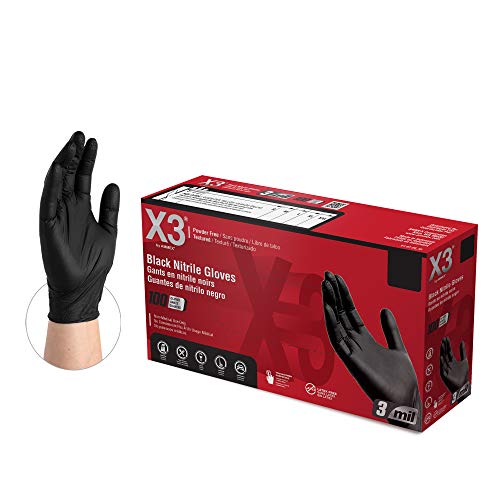 X3 Black Nitrile Disposable Industrial Gloves, 3 Mil, Latex/Powder-Free, Food-Safe, Non-Sterile, Textured, Large, Box of 100