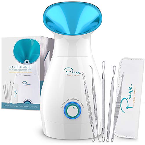 NanoSteamer Large 3-in-1 Nano Ionic Facial Steamer with Precise Temp Control – 30 Min Steam Time – Humidifier – Unclogs Pores – Blackheads – Spa Quality – Bonus 5 Piece Stainless Steel Skin Kit
