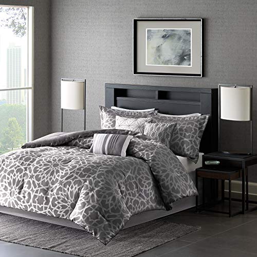 Madison Park Carlow Cozy Comforter Set-Trendy Design All Season Down Alternative Luxury Bedding with Matching Shams, Decorative Pillows, Queen (90 in x 90 in), Grey 7 Piece