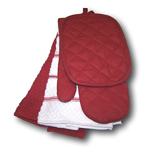 Red Sedona Kitchen Towel Set 5 Piece- Towels, Pot Holders, Oven Mitt by Mainstays