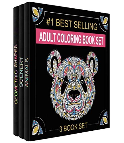 Adult Coloring Books Set – 3 Coloring Books for Grownups – 120 Unique Animals, Scenery & Mandalas Designs. Coloring Books for Adults Relaxation.