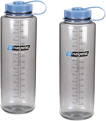 Nalgene Silo 48oz Tritan Grey W/Blue Top Wide Mouth Bottle, 2 Bottle Pack, 11.3 Inches Tall by 3.5 Inches in Diameter