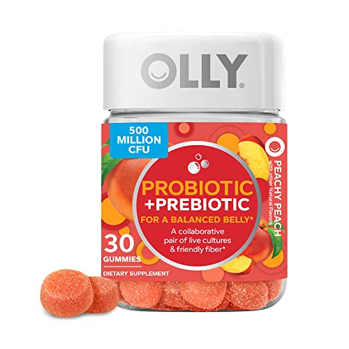 OLLY Probiotic + Prebiotic Gummy, Digestive Support and Gut Health, 500 Million CFUs, Fiber, Adult Chewable Supplement for Men and Women, Peach, 30 Day Supply – 30 Count