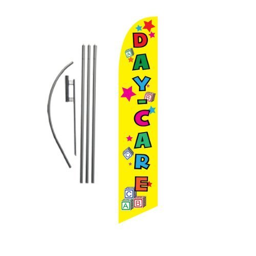 Daycare (yellow) 15ft Feather Banner Swooper Flag Kit – INCLUDES 15FT POLE KIT w/ GROUND SPIKE by FFN