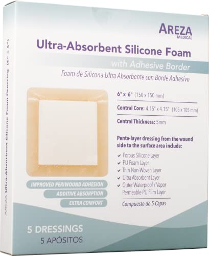 Ultra-Absorbent Silicone Foam Dressing with Border (Adhesive) Waterproof 6″ X 6″ (15 cm X 15 cm) (Central Ultra Absorbent-Foam Pad is 4.15″ X 4.15″) 5 Per Box (1); Wound Dressing by Areza Medical