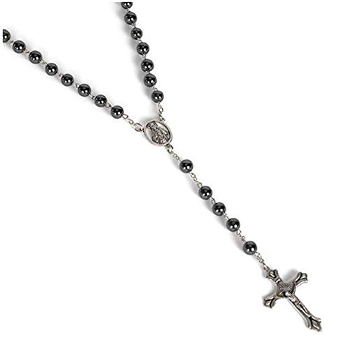 Dicksons to My Godfather Thank You 23 Inch Silver Plated Hematite Grey 8 mm Beaded Rosary in Jewelry Gift Box