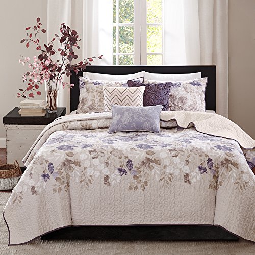Madison Park Luna Quilt Modern Classic Design All Season, Breathable Coverlet Lightweight Bedding Set, Matching Shams, Decorative Pillow, King/Cal King(104″x94″), Floral Taupe 6 Piece