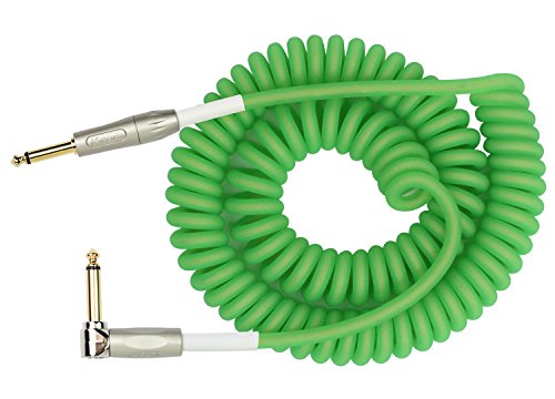 KIRLIN Cable Kirlin IMK-202PFGL-30/GRF-Straight to Right Angle ¼” Premium Coil Instrument Cable, Green Translucent PVC Jacket-30ft, 1/4″ Mono Plug, (IMK-202PFGL-30/GRF)