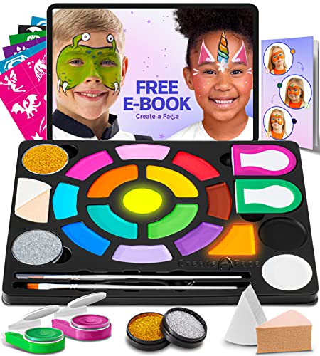 Face Painting Kits for Kids – Water Based Face Paint Kits 16 Colors, 60 Stencils, 2 Brushes, 2 Glitter, Sponges & Hairchalks – Facepaint Tutorials & Book – Hypoallergenic. For Toddler, Teens & Adults