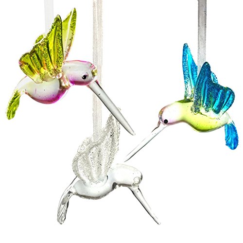 Hummingbird Glass Ornaments with Glitter Accents – Set of 3 – Handblown Ornament – Holiday Decorations Christmas Tree Ornaments Xmas Gift for Bird Lover