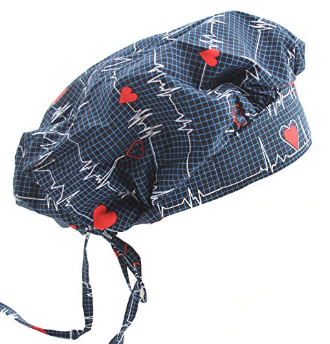 Bouffant Navy Blue Heart Beat EKG Scrub Cap with Adjustable tie