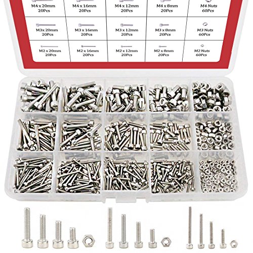 Hilitchi 420pcs M2 3 4 304 Stainless Steel Hex Socket Head Cap Screws Nuts Assortment Kit with Box (304 Stainless Steel)