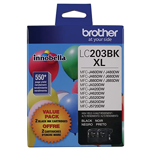 Brother Genuine High Yield Black Ink Cartridges, LC2032PKS, Replacement Black Ink Two Pack, Includes 2 Cartridges of Black Ink, Page Yield Up To 550 Pages/Cartridge, LC203