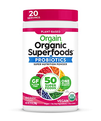 Orgain Organic Green Superfoods Powder, Berry – Antioxidants, 1 Billion Probiotics, Vegan, Dairy Free, Gluten Free, Kosher, Non-GMO, 0.62 Pound (Packaging May Vary)