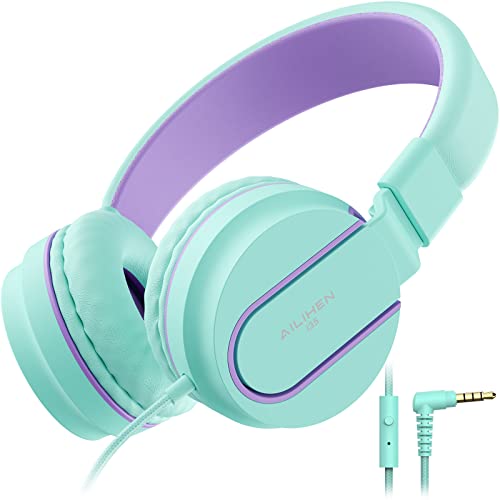 AILIHEN I35 Kid Headphones with Microphone Volume Limited 93dB Children Girls Boys Teen Lightweight Foldable Wired Headset for School Online Course Chromebook Cellphones Tablets (Green Purple)