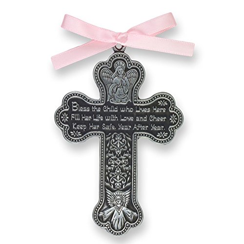 Bless The Child – GUARDIAN ANGEL Baby GIRL Crib Cross 4″ PEWTER Medal – CHRISTENING – BABY SHOWER GIFT Baptism KEEPSAKE with PINK RIBBON GIFT BOXED (Original Version)