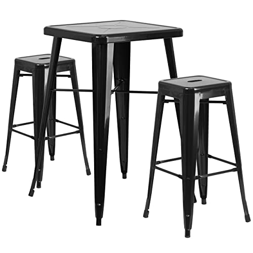 Flash Furniture Commercial Grade 23.75″ Square Black Metal Indoor-Outdoor Bar Table Set with 2 Square Seat Backless Stools