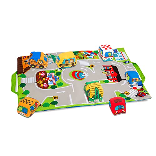 Melissa & Doug Take-Along Town Play Mat (19.25 x 14.25 inches) With 9 Soft Vehicles – With Storage Bag, Toy Vehicle Play Sets For Babies