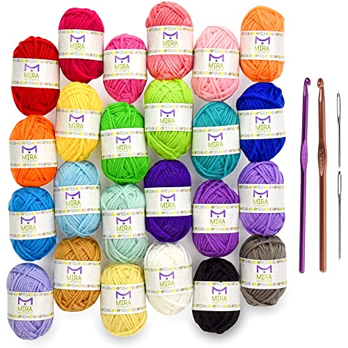 24 Acrylic Yarn Skeins | 525 Yards of Craft Yarn for Knitting and Crochet | Includes 2 Hooks, 2 Weaving Needles,7 E-Books as Crochet Accessories | Perfect Crochet kit for Beginners by Mira Handcrafts