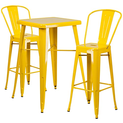 Flash Furniture Commercial Grade 23.75″ Square Yellow Metal Indoor-Outdoor Bar Table Set with 2 Stools with Backs