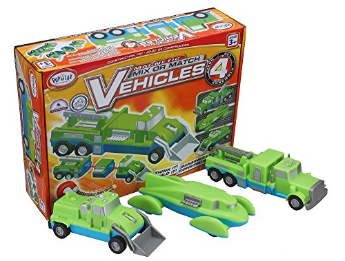 POPULAR PLAYTHINGS Magnetic Mix or Match Vehicles 4 Toy Play Set, 9 Pieces