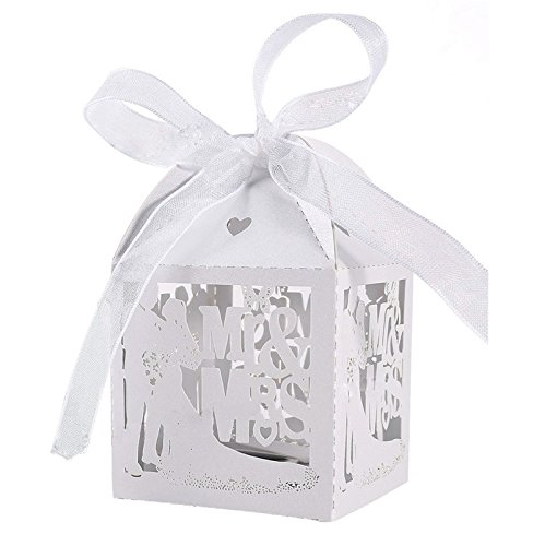 Zorpia 50pcs/Pack DIY Bride and Bridegroom Candy Gift Box with Ribbon Laser Cut Wedding Parties Favors Decorations in Pearl paper candy box ZRA0168915 (white)