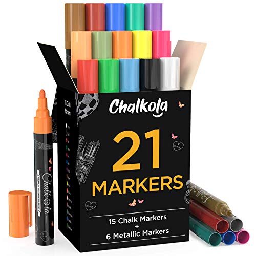 Chalkola Liquid Chalk Markers & Metallic Colors (Pack of 21) – Erasable Chalk Pens for Chalkboard, Blackboard, Window, Bistro, Car Glass, Board – Neon Paint Ink Chalkboard Markers 6mm Reversible Tip