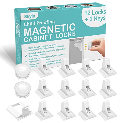 Skyla Homes Magnetic Cabinet Locks (12-Pack 2 Keys) Baby Proofing & Child Safety The Safest, Quickest and Easiest Multi-Purpose 3M Adhesive Child Proof Latches, No Screws or Tools Needed