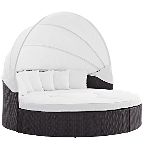 Modway Convene Wicker Rattan Outdoor Patio Retractable Canopy Round Poolside Sectional Sofa Daybed with Cushions in Espresso White