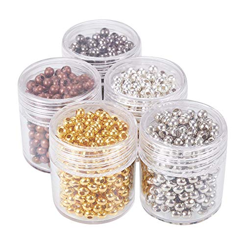 PH PandaHall 3mm Spacer Beads, 1350pcs 5 Color Metal Iron Round Ball Smooth Tiny Spacers Loose Beads Gold Metallic Plated Beads Crimp Stopper Beads for Earring Necklace Bracelet Jewelry Making