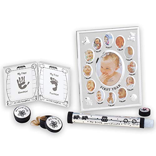 Collections Etc Baby Keepsake 5-Piece Silver-Tone Gift Set for First Year with Frame, First Tooth, Lock of Hair, Footprints & Birth Certificate